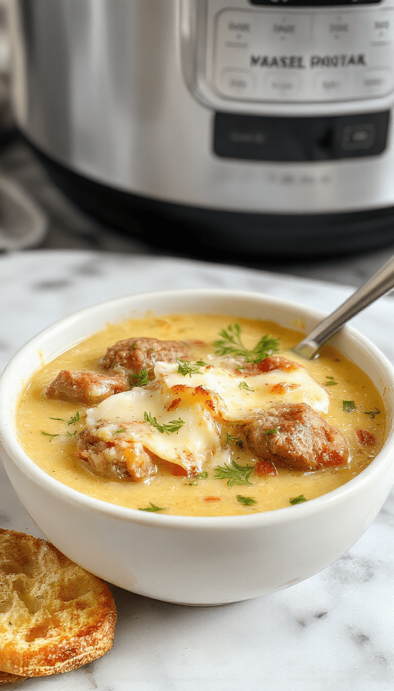 A steaming bowl of creamy Italian sausage soup topped with melted Parmesan cheese and fresh herbs, surrounded by slices of crusty bread, vibrant green vegetables, and golden-brown sausage slices, all styled elegantly on a rustic wooden table with warm lighting