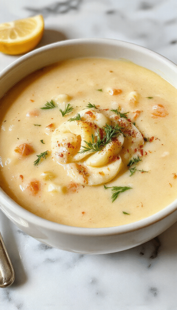 A warm bowl of creamy pastina soup topped with freshly chopped herbs, served on a rustic wooden table. The soup has a velvety texture with tiny pasta beads, garnished with a sprinkle of Parmesan cheese and fresh parsley, garnished with slices of crusty bread on the side.