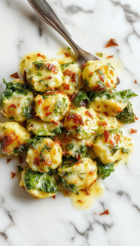 A colorful dish featuring golden-brown baked gnocchi topped with vibrant green spinach and creamy pesto sauce, garnished with grated cheese and fresh basil leaves on a rustic wooden table.