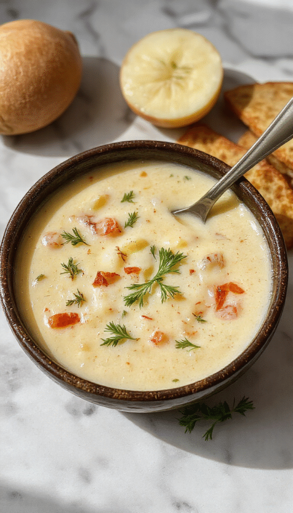A steaming bowl of creamy Polish Potato Soup with a golden-brown crust of toasted bread crumbs on top, garnished with chopped parsley, served in a rustic white bowl. The vibrant yellow of the soup contrasts with the deep green of the parsley, and the soup's smooth texture is visible with chunks of tender potatoes. The backdrop features a wooden table with a linen napkin and silver spoon, evoking a homely, inviting atmosphere.