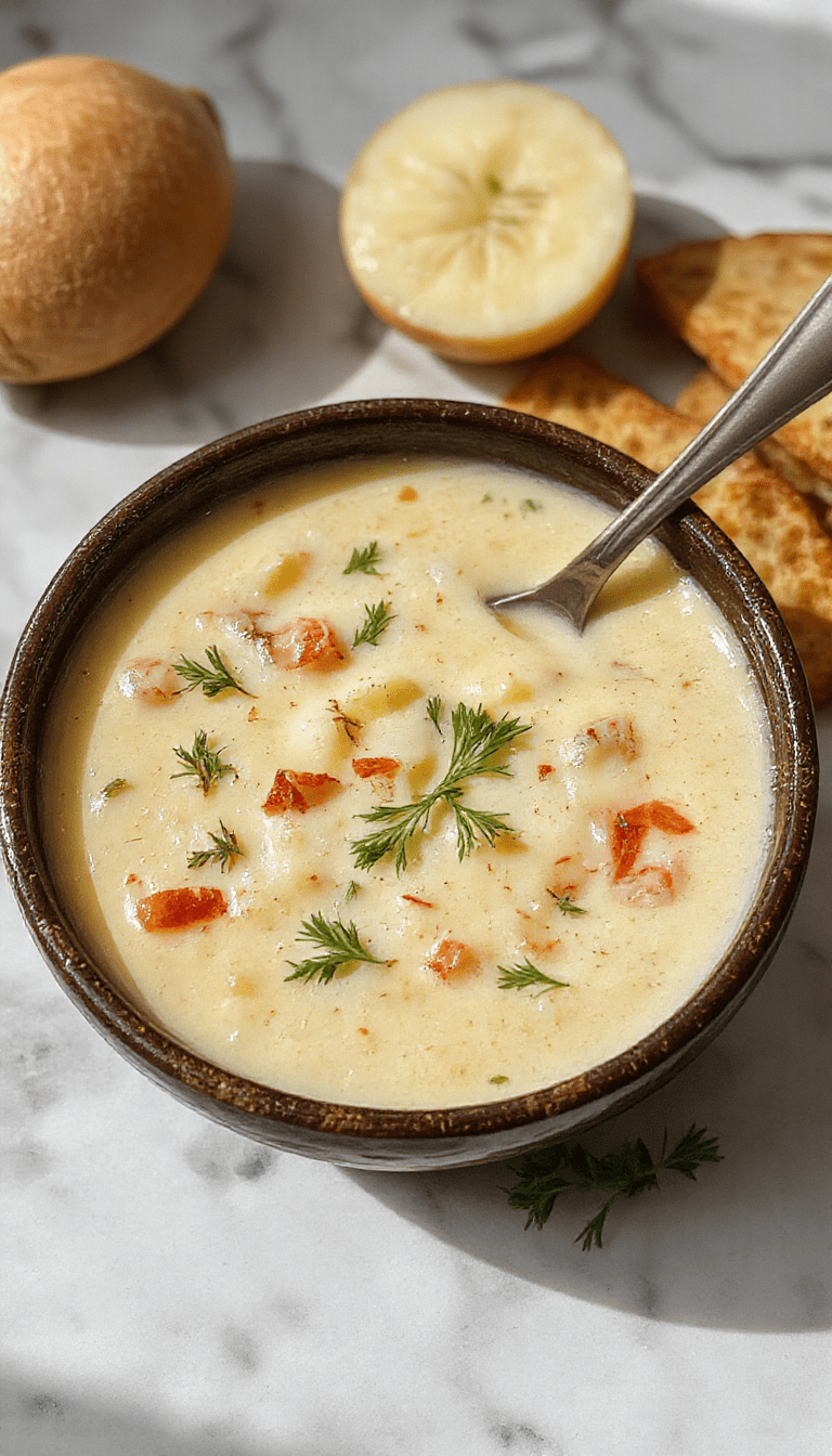 A steaming bowl of creamy Polish Potato Soup with a golden-brown crust of toasted bread crumbs on top, garnished with chopped parsley, served in a rustic white bowl. The vibrant yellow of the soup contrasts with the deep green of the parsley, and the soup's smooth texture is visible with chunks of tender potatoes. The backdrop features a wooden table with a linen napkin and silver spoon, evoking a homely, inviting atmosphere.