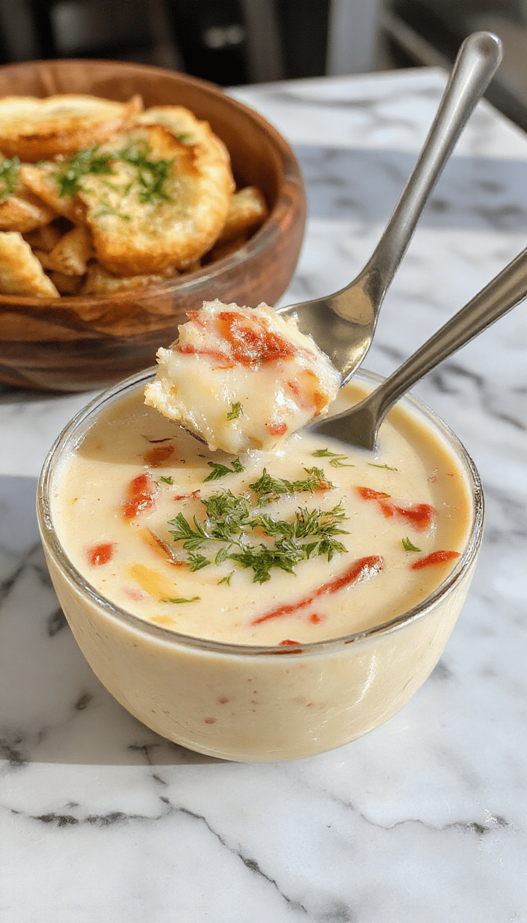 A vibrant bowl of creamy Reuben soup with swirling swirls of cheese and chunks of tender corned beef, topped with fresh parsley, served in a rustic ceramic bowl on a wooden table, with slices of rye bread and a crispy pickle on the side. The soup has a rich, creamy texture with colorful layers of shredded cabbage and melted cheese visible through the smooth surface, styled for a cozy home dinner.