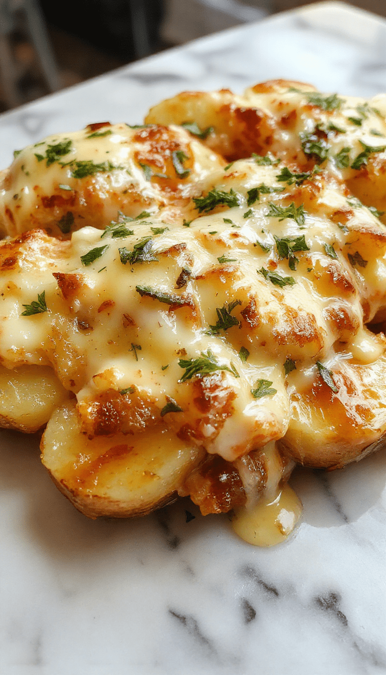 A close-up of a creamy, golden-brown potatoes au gratin in a rustic baking dish topped with crispy garlic slices and melted cheese, garnished with fresh herbs, with a side of roasted garlic cloves and sprigs of thyme, vibrant yellow and golden hues contrast with the creamy texture, styled on a white plate with a wooden background