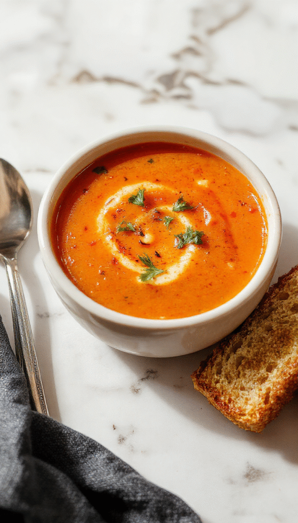 A vibrant bowl of roasted tomato soup with a swirl of cream on top, garnished with fresh basil leaves. The bowl is placed on a rustic wooden table with a spoon and rustic bread slices in the background. The rich orange-red color of the soup contrasts beautifully with the green herbs and the textured surface of the bowl.