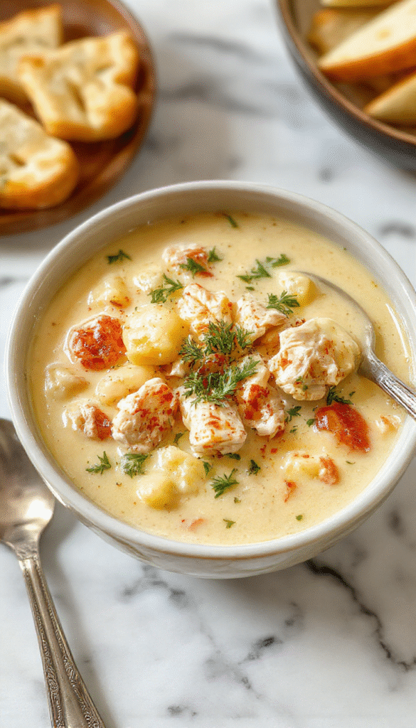 A steaming bowl of creamy rotisserie chicken gnocchi soup on a rustic wooden table, topped with fresh herbs and a dollop of cream, with soft gnocchi, shredded chicken, and vegetables visible in the vibrant, warm-colored broth styled for comfort and hominess.