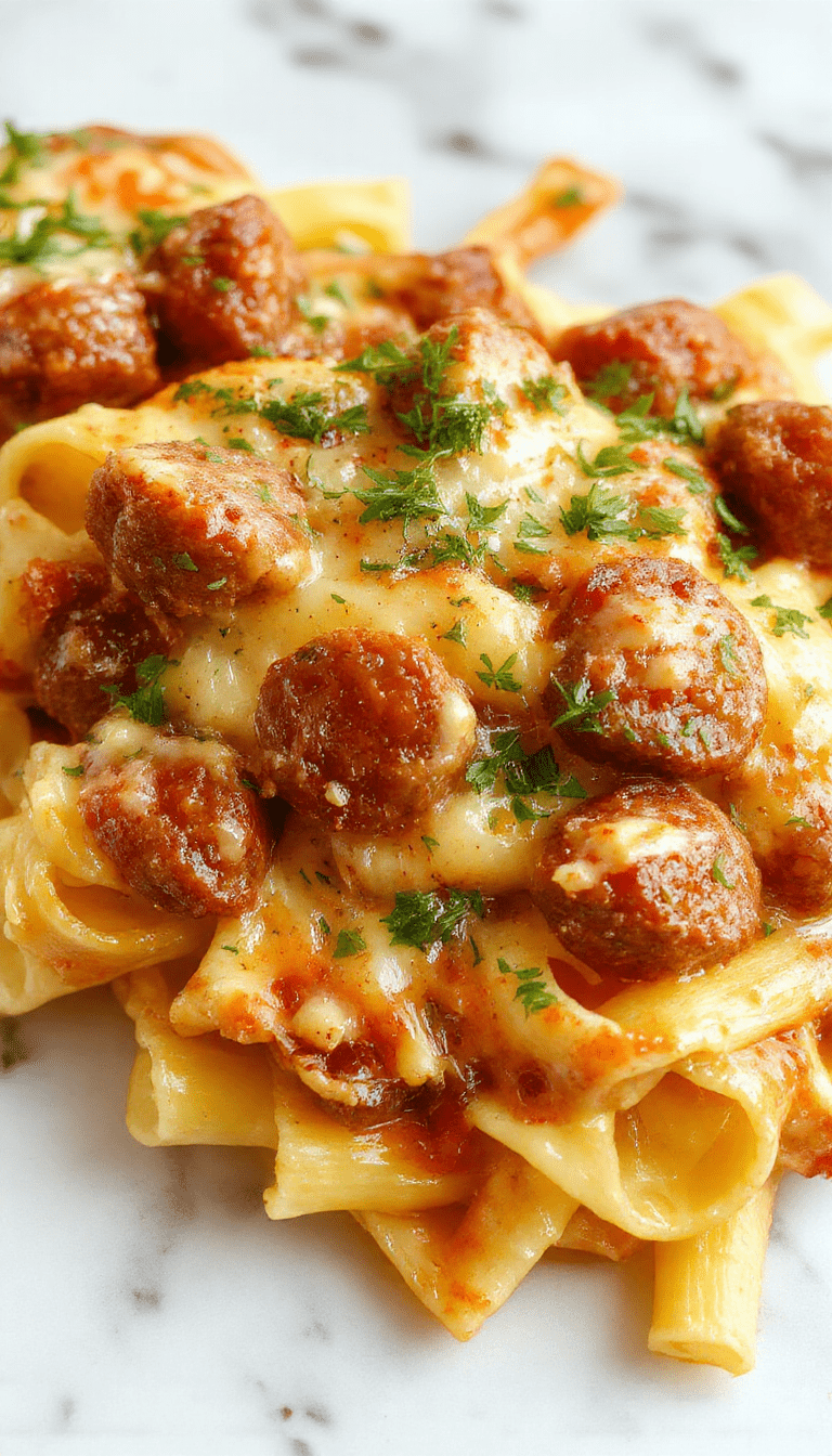 A vibrant plate of creamy sausage rigatoni featuring perfectly cooked rigatoni coated in rich, creamy sauce with slices of juicy sausage on top, garnished with fresh herbs, served on a rustic white plate with a background of chopped herbs and a wooden table.