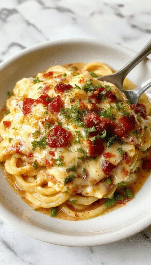 A vibrant bowl featuring a golden, bubbling cheesy southern spaghetti bake with crispy edges. The dish is topped with melted cheese and garnished with fresh herbs. The plate showcases tender spaghetti intertwined with creamy sauce and rich cheese texture, styled on a rustic wooden table with a warm inviting atmosphere.