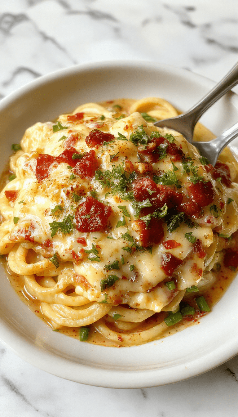 A vibrant bowl featuring a golden, bubbling cheesy southern spaghetti bake with crispy edges. The dish is topped with melted cheese and garnished with fresh herbs. The plate showcases tender spaghetti intertwined with creamy sauce and rich cheese texture, styled on a rustic wooden table with a warm inviting atmosphere.
