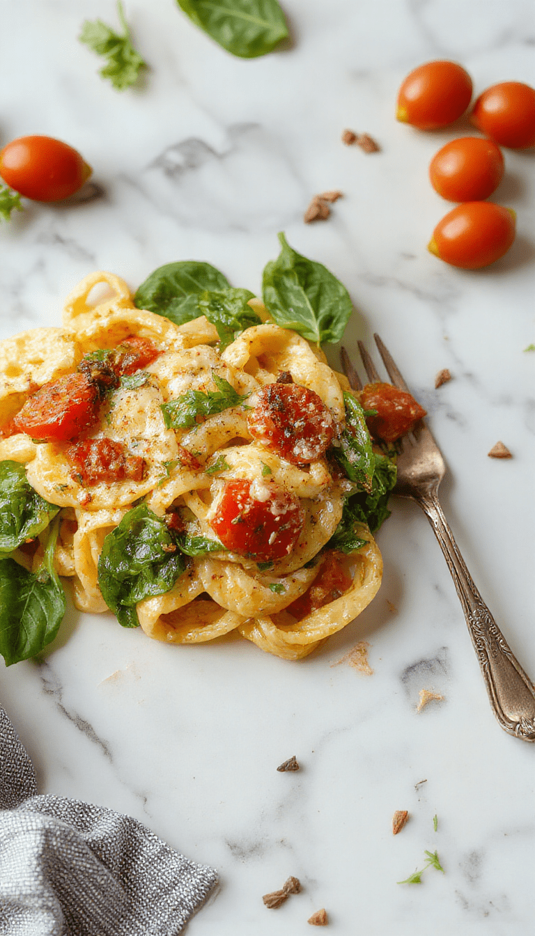 A vibrant plate of creamy spinach and cherry tomato pasta, garnished with fresh basil and grated Parmesan cheese, arranged artfully on a rustic wooden table with colorful ingredients around, showcasing glossy cherry tomatoes, fresh spinach leaves, and golden pasta textures.