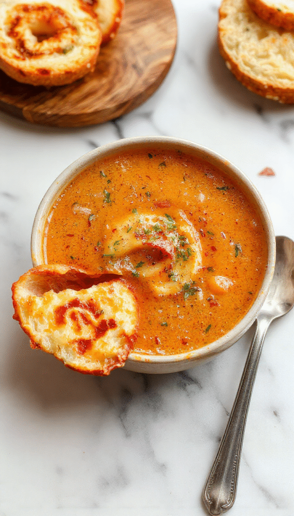 A vibrant bowl of creamy tomato soup garnished with fresh basil and a drizzle of cream, set on a rustic wooden table with slices of crusty bread on the side, highlighting its smooth texture and rich red color.
