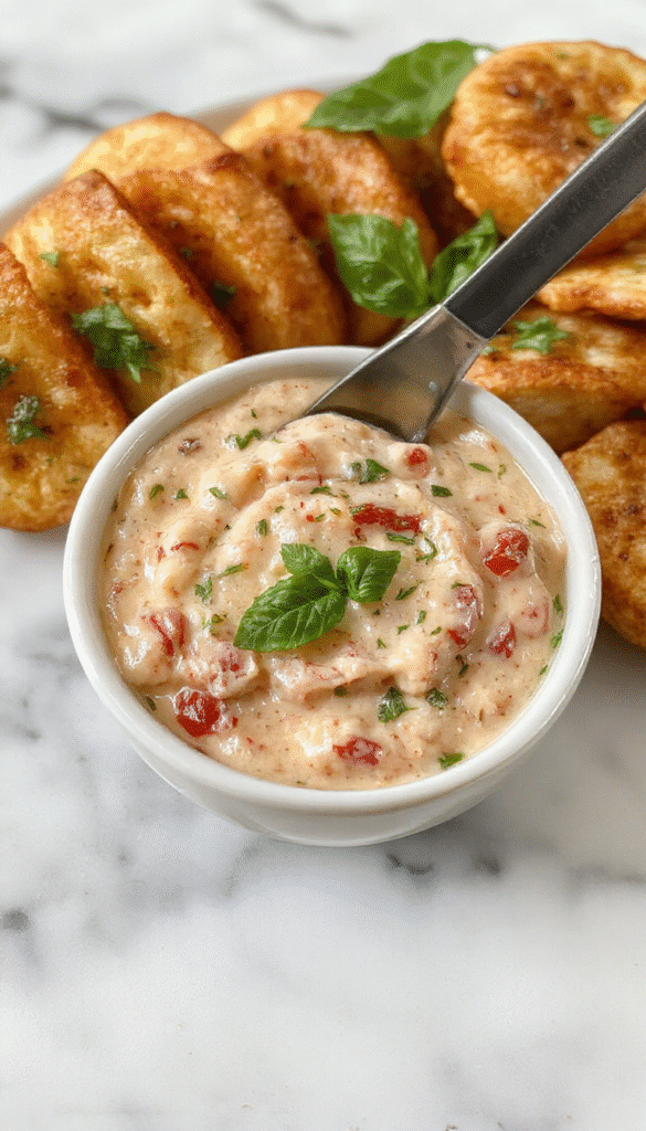 A vibrant bowl of creamy bruschetta dip featuring chopped ripe red tomatoes, fresh green basil leaves, and melted cheese, garnished with a drizzle of olive oil, served alongside crispy toasted baguette slices on a rustic wooden platter.