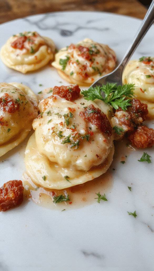 A close-up of creamy Tuscan ravioli plated elegantly on a white dish, garnished with fresh basil and sun-dried tomatoes, with a rich sauce glistening and a sprinkle of grated cheese, styled with rustic herbs and vibrant colors in the background.