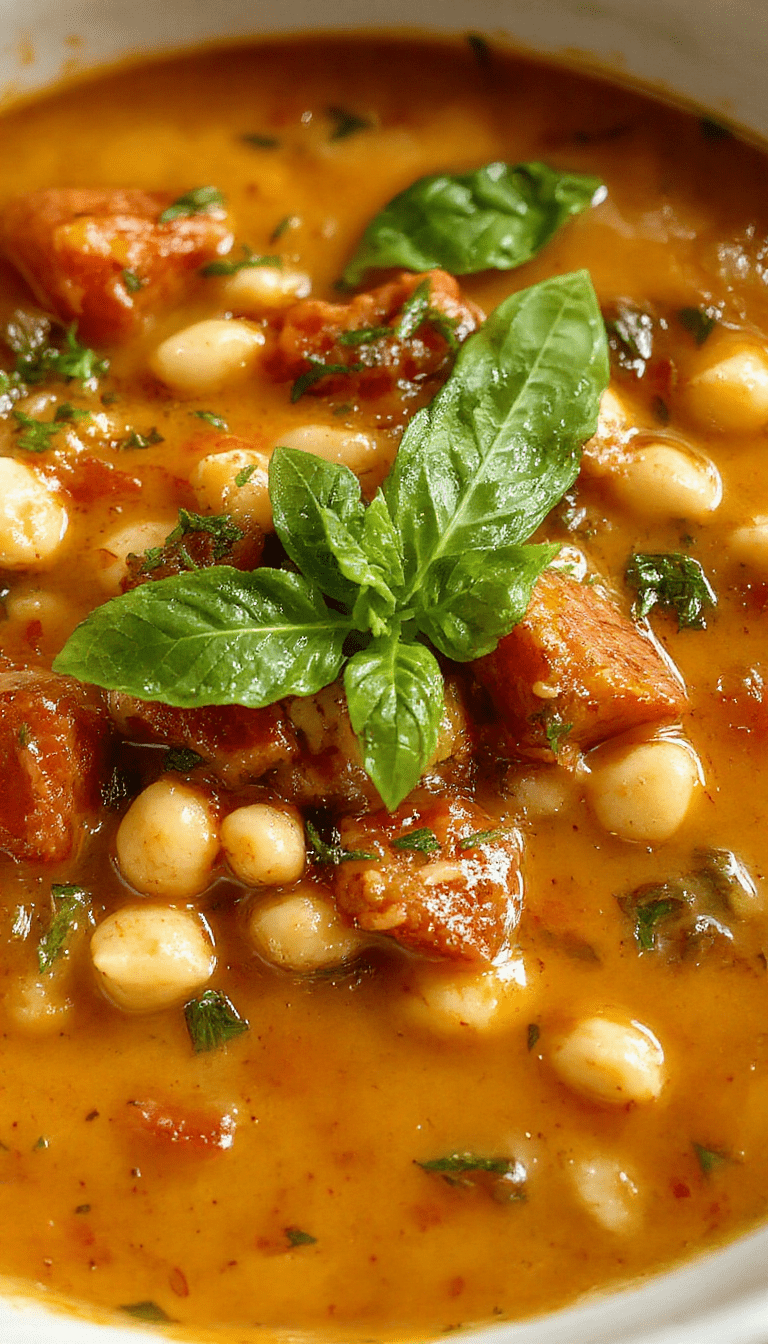 A vibrant bowl of creamy vegan tomato white bean stew garnished with fresh basil leaves, served in a rustic white bowl on a wooden table, with a drizzle of olive oil and crushed red pepper flakes, showcasing a thick, hearty texture with chunks of white beans and ripe tomatoes, evoking warmth and comfort.