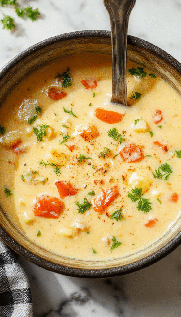A vibrant bowl of creamy vegetable soup featuring bright orange carrots, green spinach, and zucchini, topped with fresh herbs, served on a rustic wooden table with a spoon and crusty bread on the side.