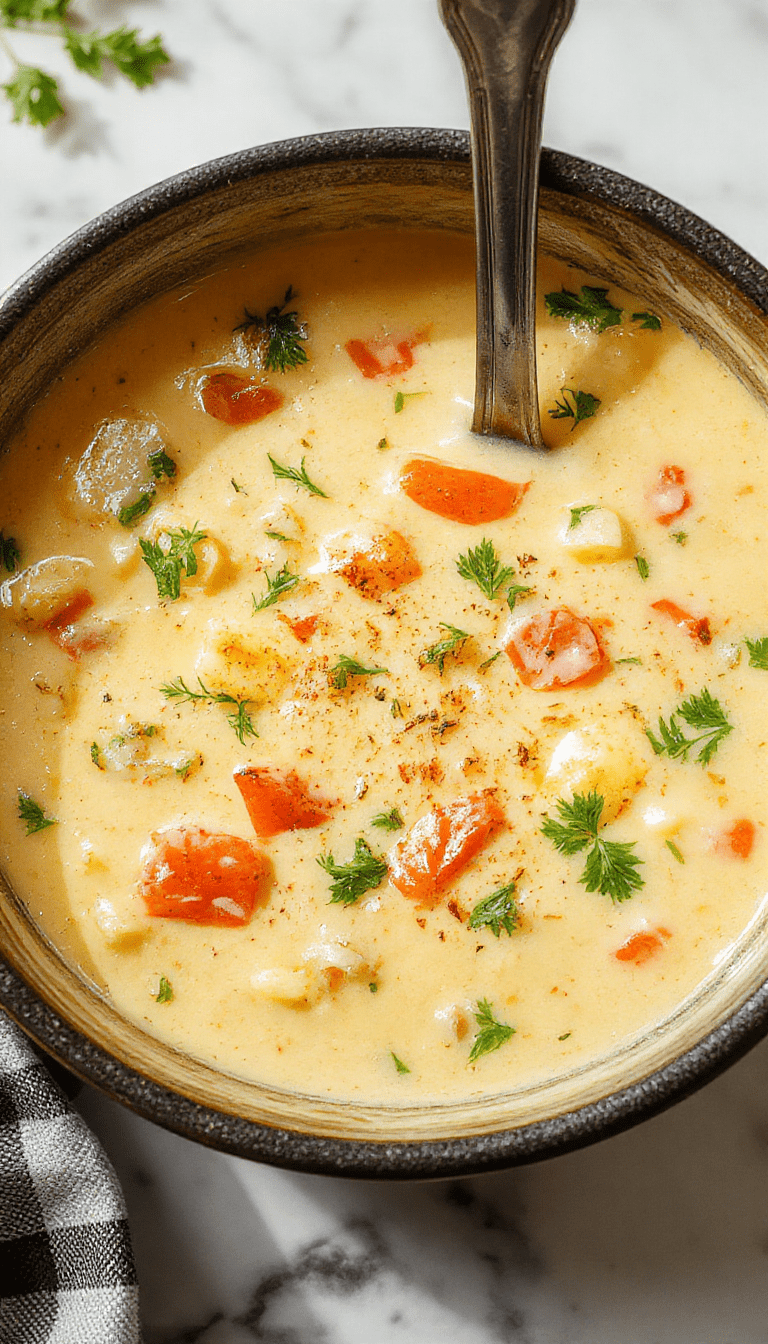 A vibrant bowl of creamy vegetable soup featuring bright orange carrots, green spinach, and zucchini, topped with fresh herbs, served on a rustic wooden table with a spoon and crusty bread on the side.