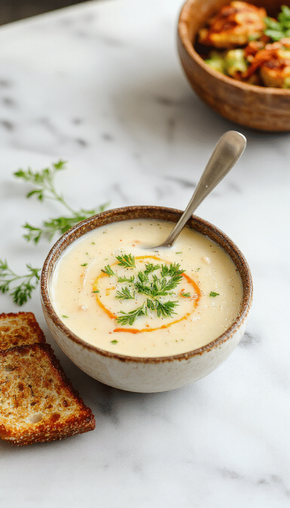 A vibrant bowl of creamy vegetable soup topped with chopped fresh herbs, served in a white ceramic bowl with a textured background, highlighting the smooth texture of the soup, colorful chunks of carrots, celery, and peas visible under a swirl of cream, garnished with parsley for a fresh touch.