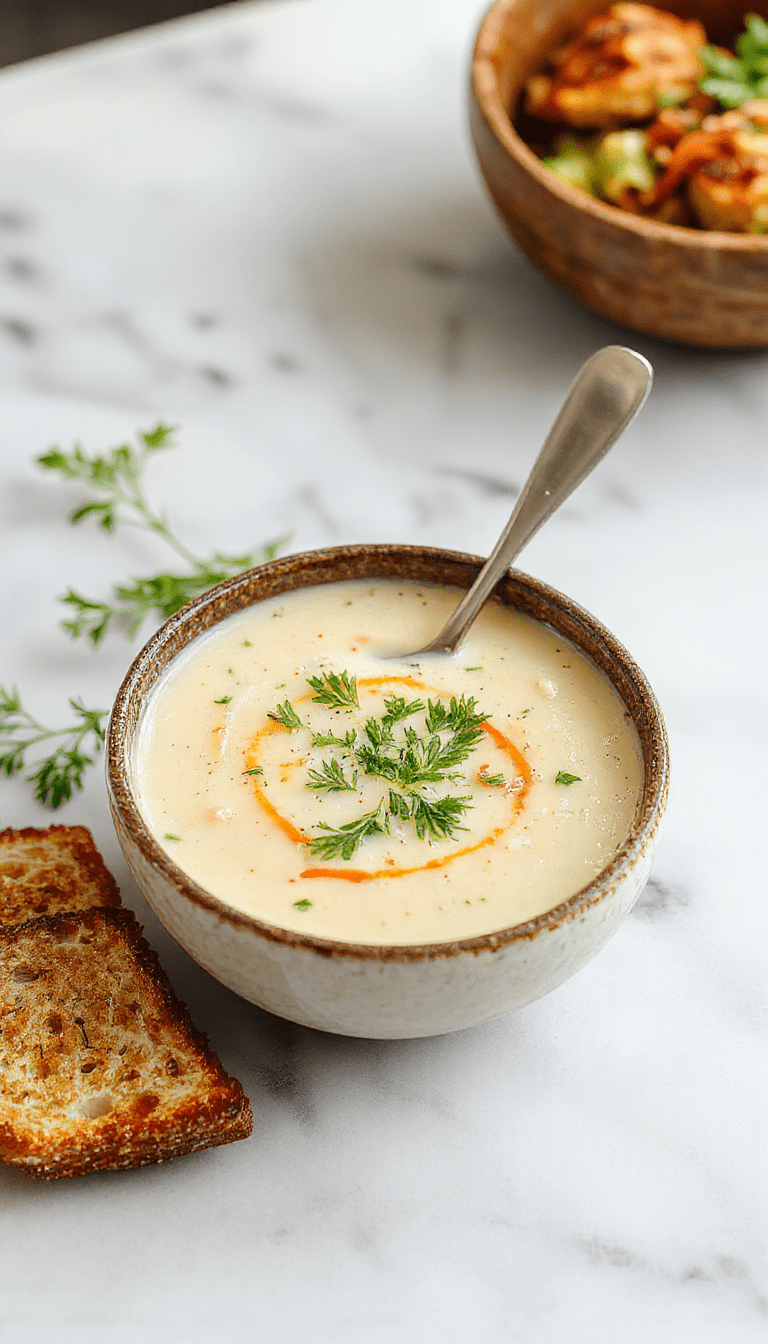A vibrant bowl of creamy vegetable soup topped with chopped fresh herbs, served in a white ceramic bowl with a textured background, highlighting the smooth texture of the soup, colorful chunks of carrots, celery, and peas visible under a swirl of cream, garnished with parsley for a fresh touch.