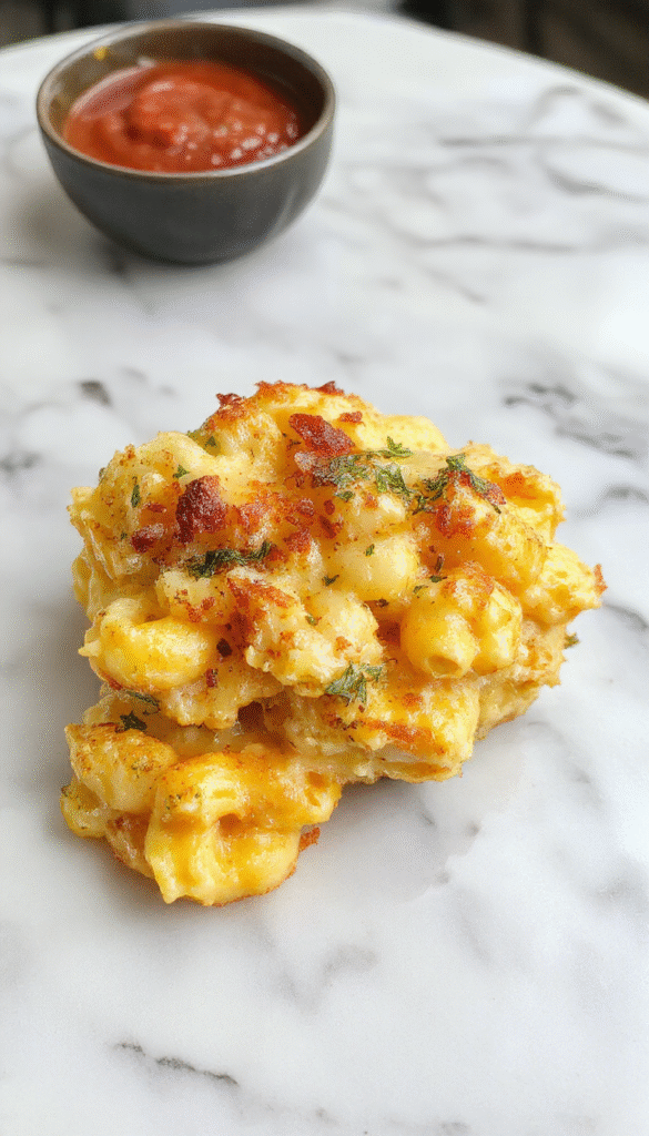 A close-up of a golden baked mac and cheese topped with crunchy breadcrumbs and melted cheese, served in a rustic white dish. The pasta is creamy with a crispy golden crust, garnished with fresh herbs and a drizzle of cheese sauce for visual appeal.