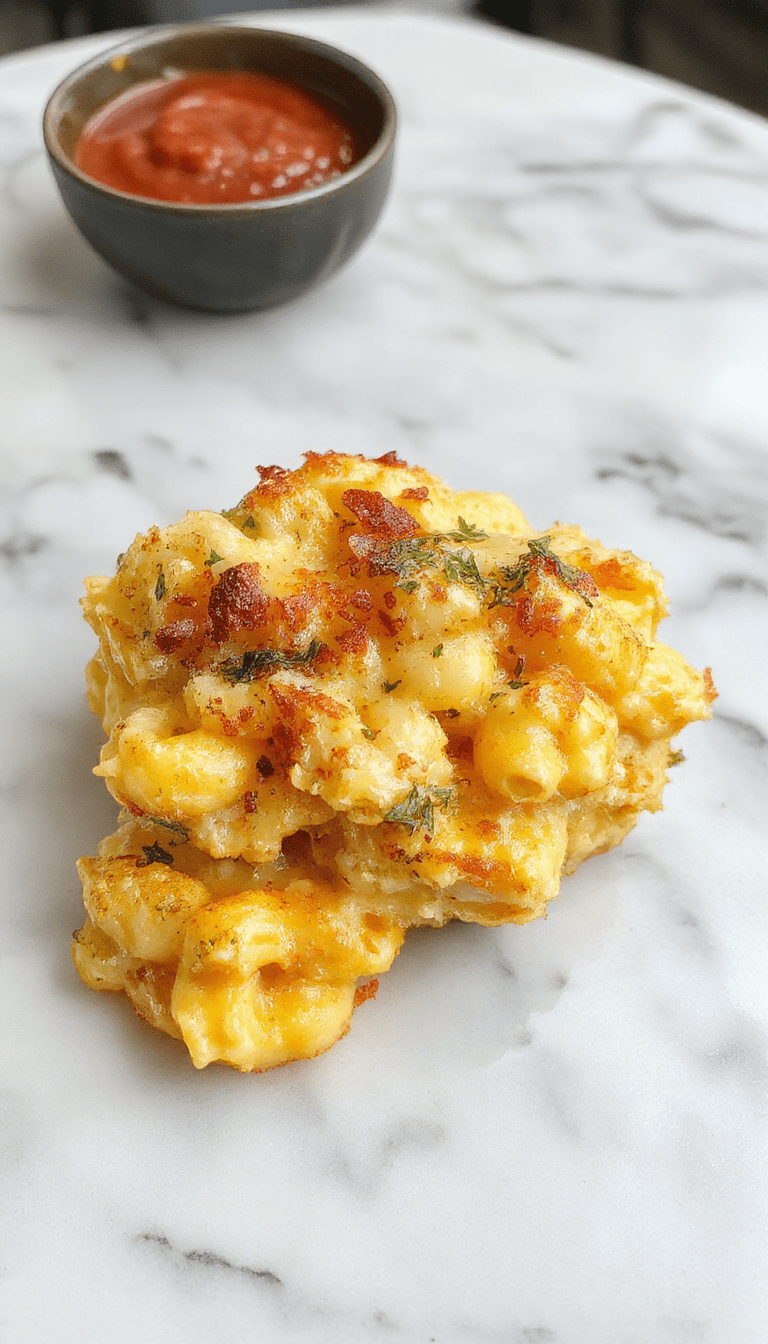 A close-up of a golden baked mac and cheese topped with crunchy breadcrumbs and melted cheese, served in a rustic white dish. The pasta is creamy with a crispy golden crust, garnished with fresh herbs and a drizzle of cheese sauce for visual appeal.