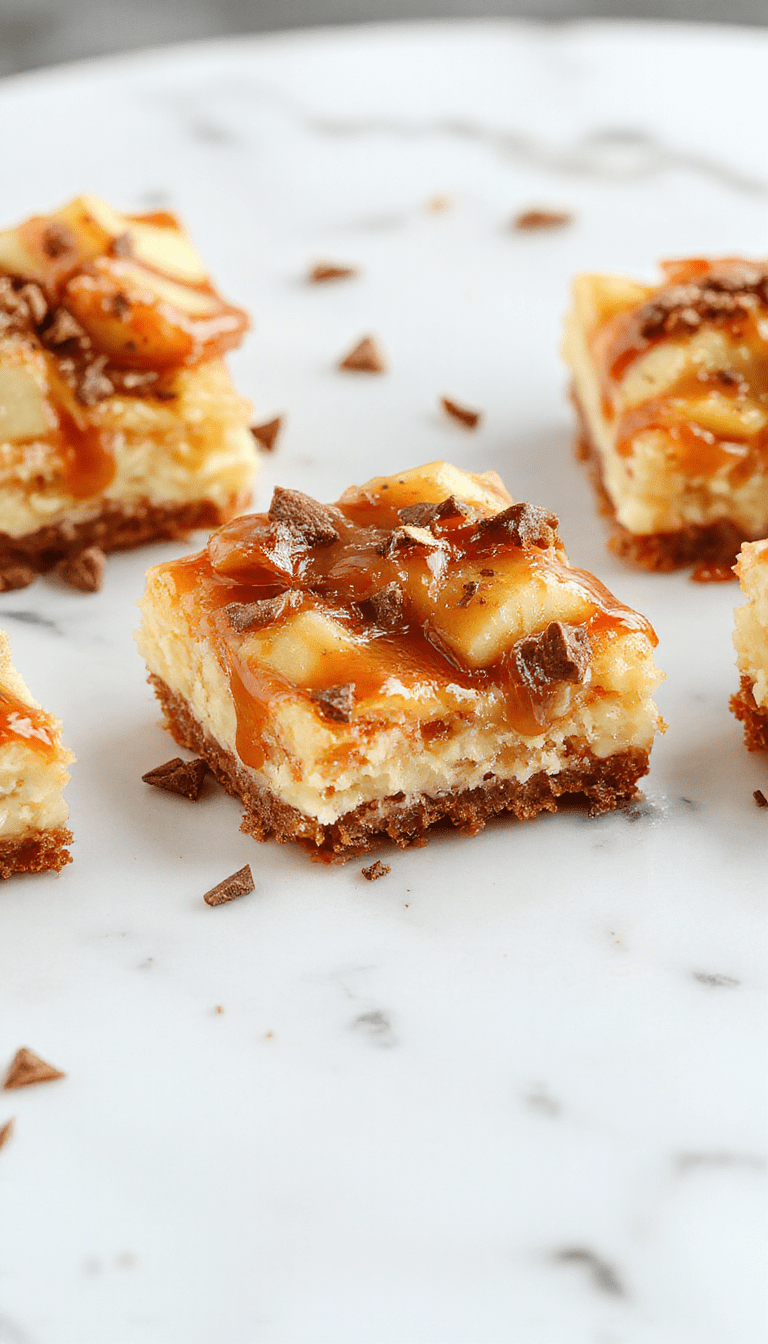 Colorful caramel apple cheesecake bars plated on a rustic wooden table, topped with caramel drizzle, slices of fresh apple, and a dusting of cinnamon, with a creamy thick cheesecake filling visible through the golden-brown crust.