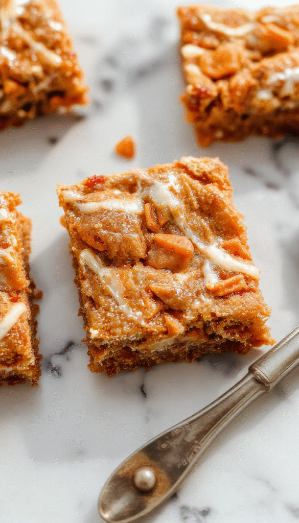 A close-up of luscious carrot cake bars stacked on a rustic wooden platter. The bars are golden with a tender crumb visible and topped with cream cheese frosting sprinkled with chopped walnuts and shredded carrots. The background features a soft-focus floral cloth, emphasizing the warm, inviting colors of the cake, with a dusting of powdered sugar for finishing.