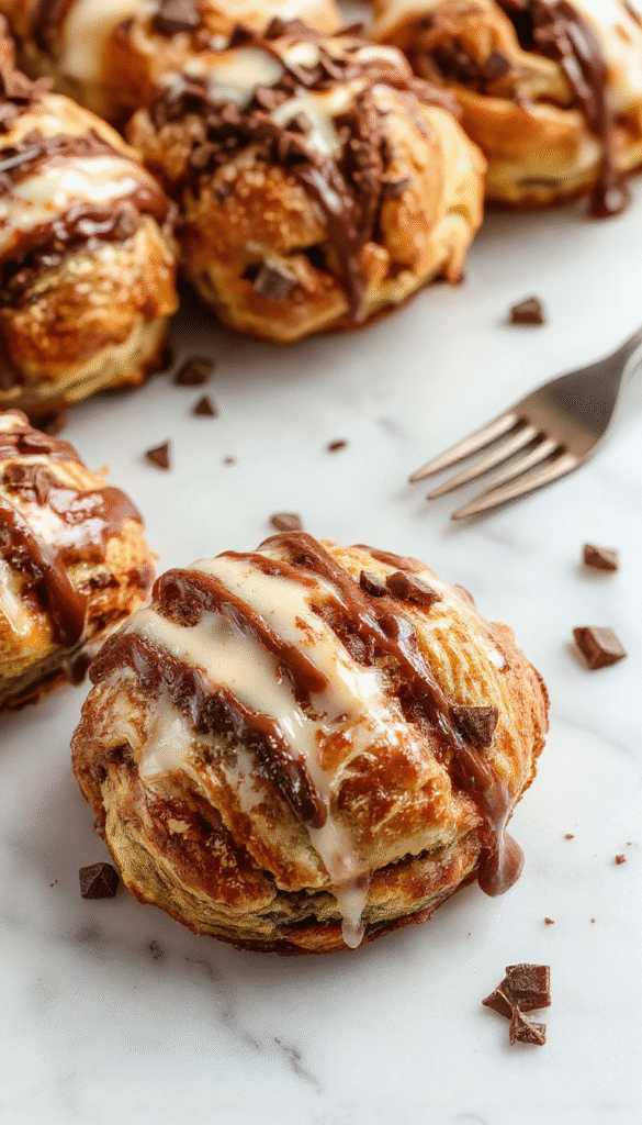 A close-up of a golden-brown chocolate croissant breakfast bake sliced to reveal layers of flaky croissants embedded in rich chocolate filling. The bake is presented on a rustic wood board, topped with a dusting of powdered sugar and served with fresh berries and a drizzle of chocolate sauce. The scene highlights the crispy textures, glossy chocolate, and inviting warmth of the dish, styled with a few mint leaves for contrast.