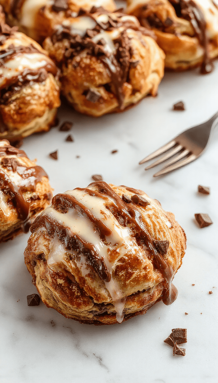 A close-up of a golden-brown chocolate croissant breakfast bake sliced to reveal layers of flaky croissants embedded in rich chocolate filling. The bake is presented on a rustic wood board, topped with a dusting of powdered sugar and served with fresh berries and a drizzle of chocolate sauce. The scene highlights the crispy textures, glossy chocolate, and inviting warmth of the dish, styled with a few mint leaves for contrast.