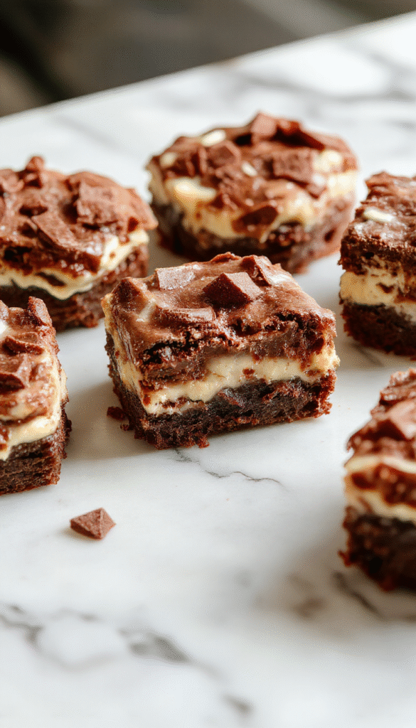A close-up of rich, chocolate-brown brownies layered with smooth, creamy chocolate mousse. The brownies are sliced to reveal the luscious filling, topped with a drizzle of glossy chocolate ganache and garnished with chocolate shavings. The presentation emphasizes the velvety texture and luxurious appearance with a rustic wooden background and soft lighting highlighting the glossy sheen of the topping.
