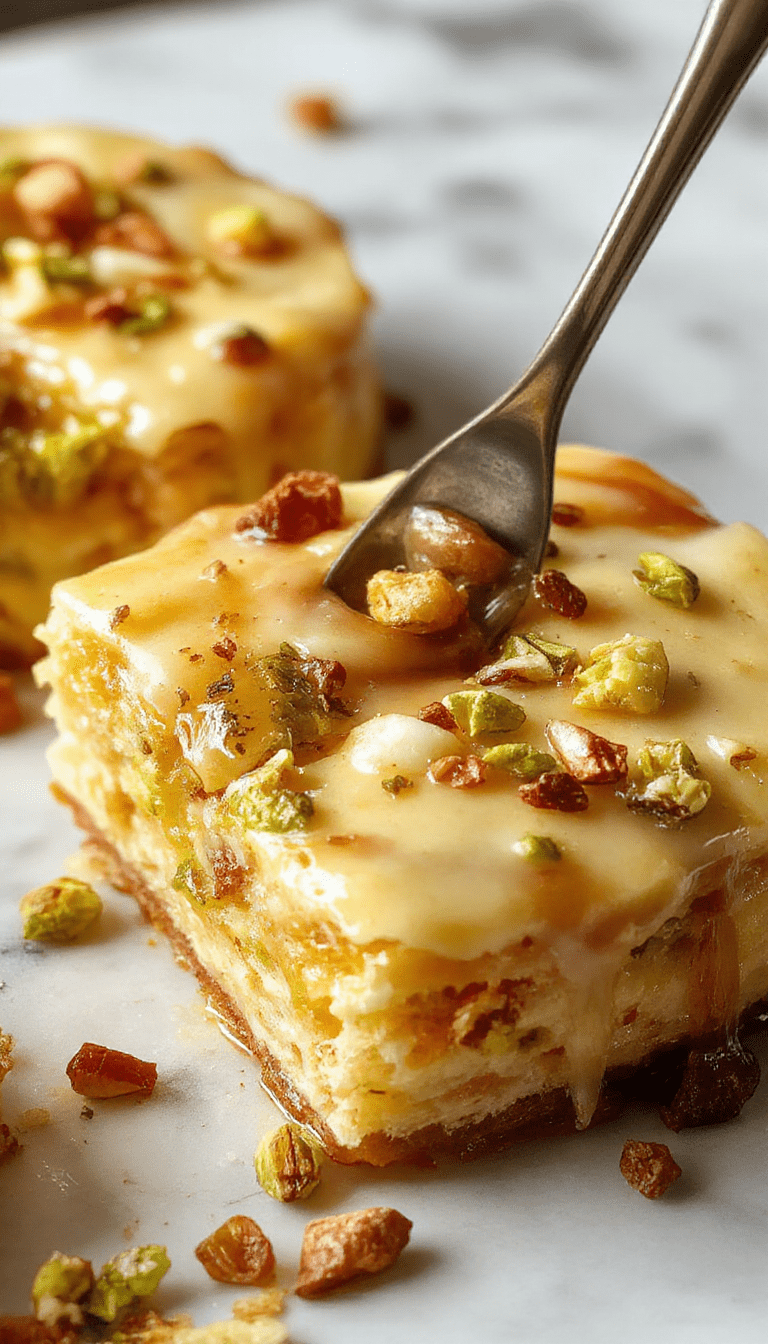 A plated slice of honey pistachio baklava cheesecake featuring layered golden-brown phyllo crust topped with crushed pistachios, drizzled with honey, and garnished with whole pistachios and a sprig of mint, displayed on a rustic wooden surface with a golden fork nearby.