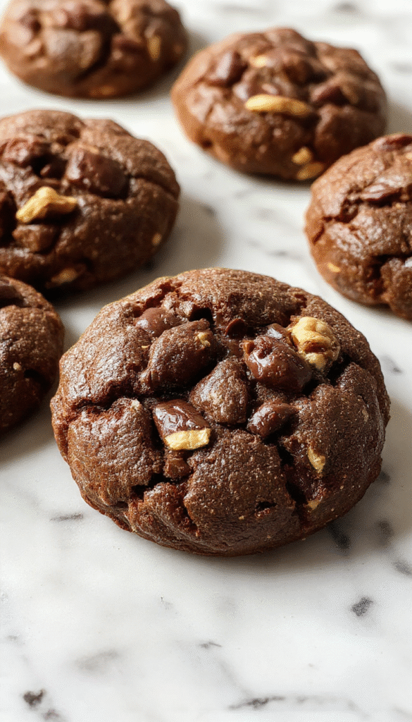 A close-up of golden-brown chocolate walnut cookies with cracked tops, dotted with melted chocolate chunks and crunchy walnut pieces, arranged on a rustic wooden platter with a dusting of powdered sugar, styled with a sprig of fresh mint and a glass of milk in the background, colorful sprinkles adding a playful touch.