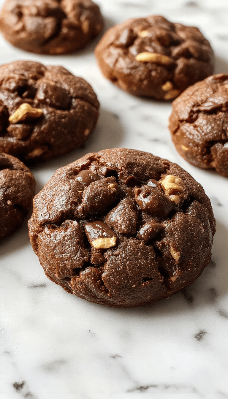 A close-up of golden-brown chocolate walnut cookies with cracked tops, dotted with melted chocolate chunks and crunchy walnut pieces, arranged on a rustic wooden platter with a dusting of powdered sugar, styled with a sprig of fresh mint and a glass of milk in the background, colorful sprinkles adding a playful touch.
