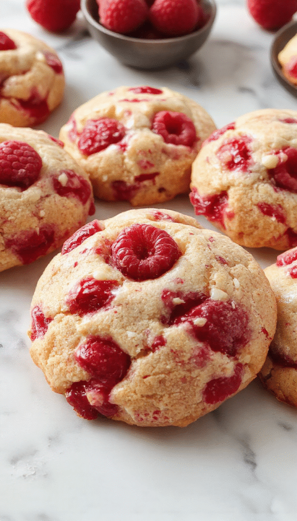 A close-up of golden brown raspberry crumble cookies with a crumbly topping, garnished with fresh raspberries and powdered sugar on a rustic wooden plate, vibrant red raspberries adding color contrast, and a soft focus background highlighting the cookies' textures