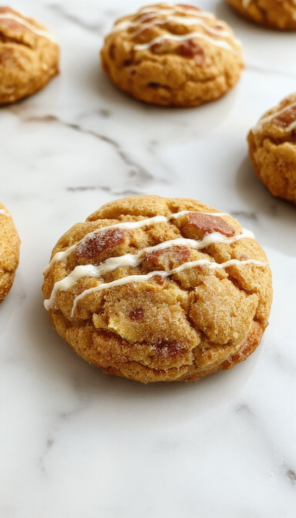 Colorful close-up of golden brown apple cinnamon snickerdoodle cookies arranged on a rustic wooden platter, dusted with cinnamon sugar, with fresh apple slices and cinnamon sticks beside them, showcasing their soft, chewy texture and cinnamon-spiced aroma.