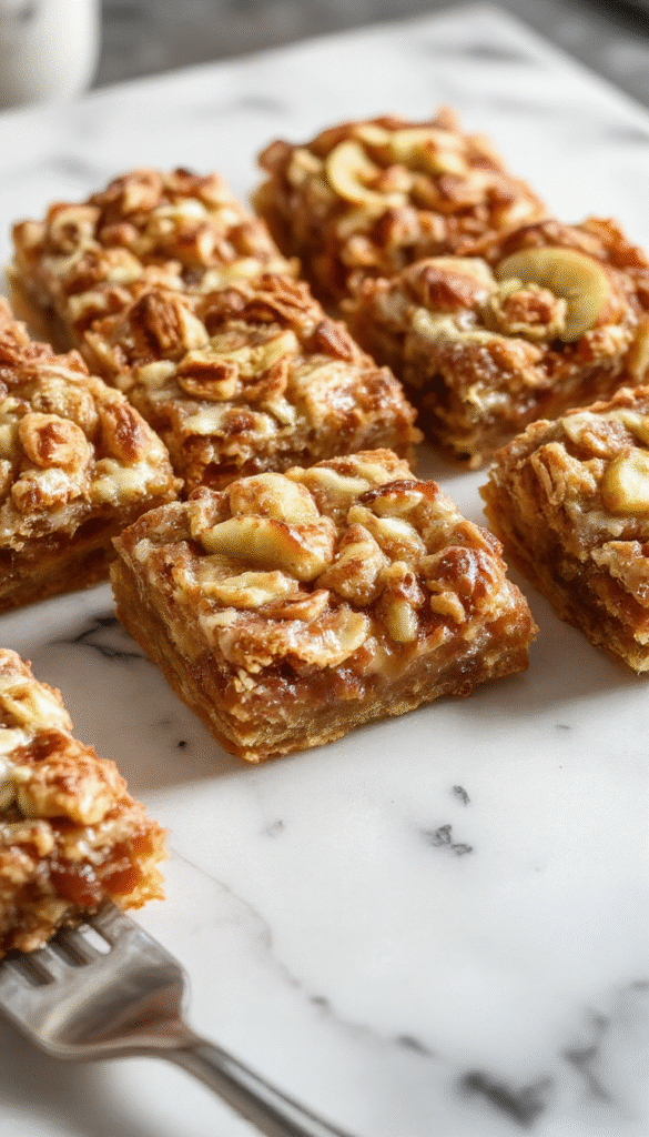 Golden-brown apple crisp shortbread bars with a crumbly texture, topped with caramelized apple slices and a dusting of powdered sugar, arranged on a rustic white plate with a cinnamon stick and fresh apple slices in the background, styled for an inviting dessert presentation