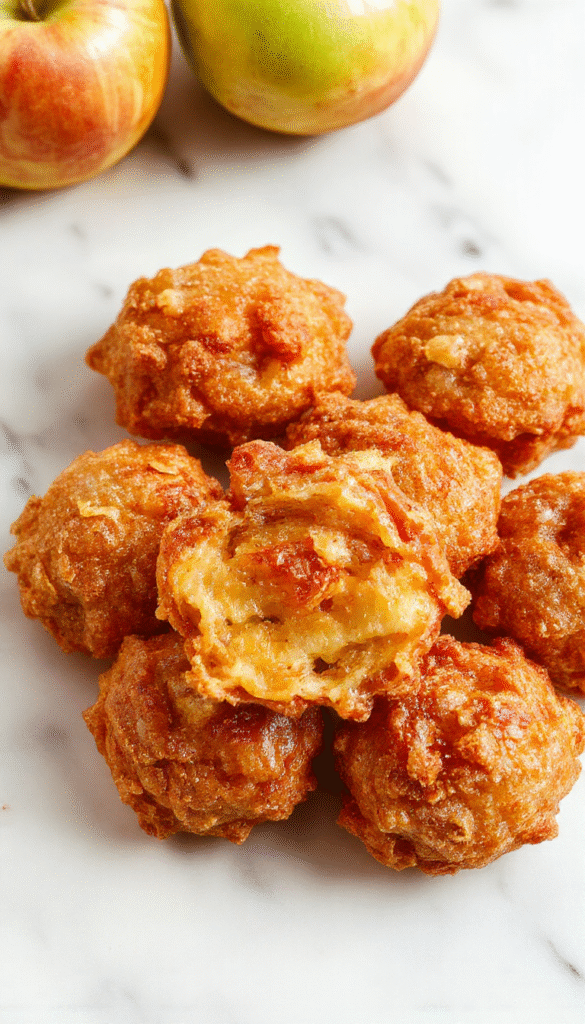 Colorful close-up of golden-brown apple fritter bites arranged on a rustic white plate, sprinkled with powdered sugar, with a side of caramel dipping sauce, showcasing crispy textures and fresh apple pieces inside.