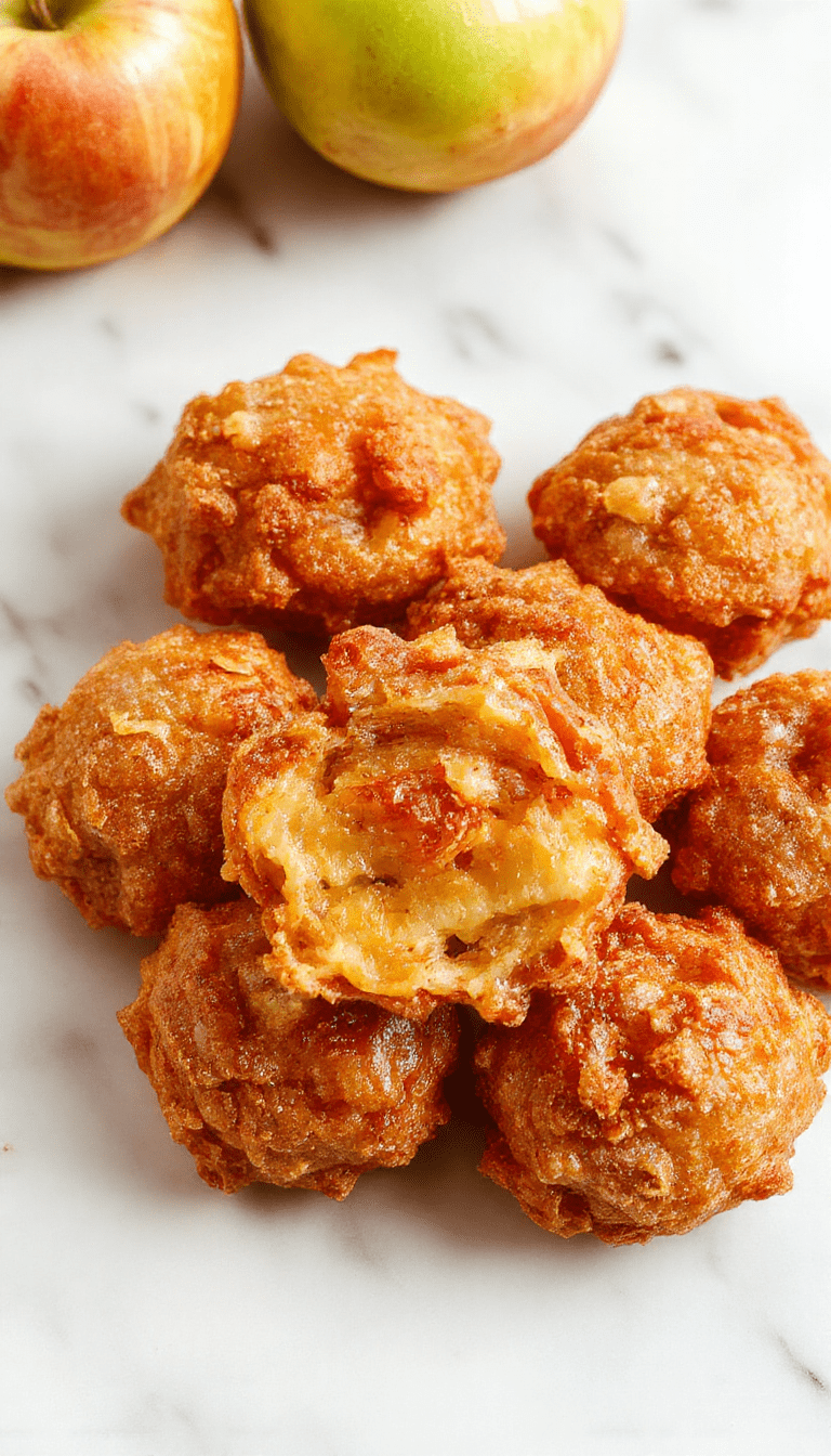 Colorful close-up of golden-brown apple fritter bites arranged on a rustic white plate, sprinkled with powdered sugar, with a side of caramel dipping sauce, showcasing crispy textures and fresh apple pieces inside.