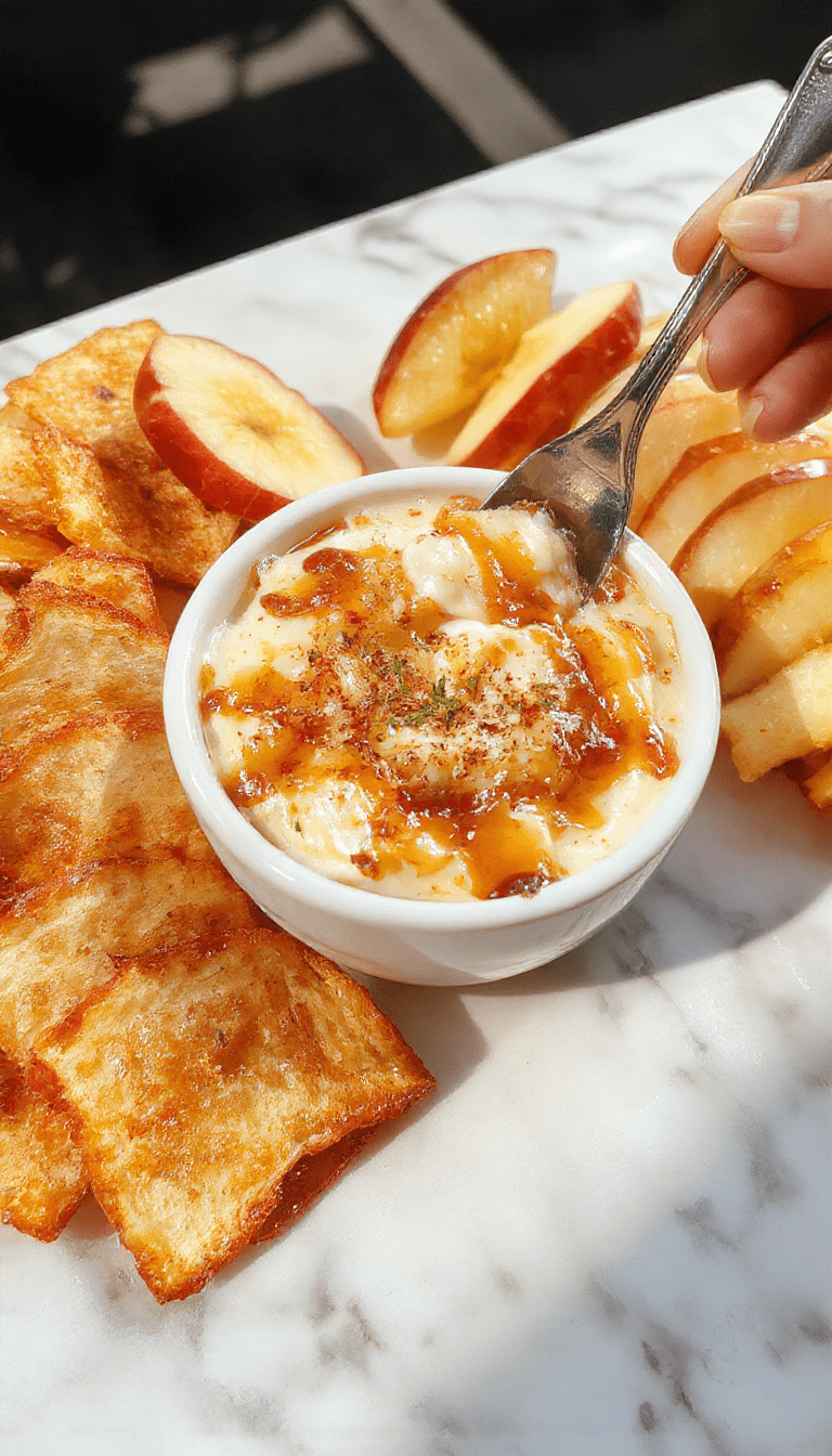 A vibrant close-up image of a creamy apple toffee dip served in a clear glass bowl, topped with caramel drizzle and sprinkled with crushed nuts. The dip has a smooth, glossy texture, with fresh apple slices arranged around the bowl on a rustic wooden table, accented by a soft blurred background that emphasizes the inviting, sweet presentation with warm golden and caramel tones.