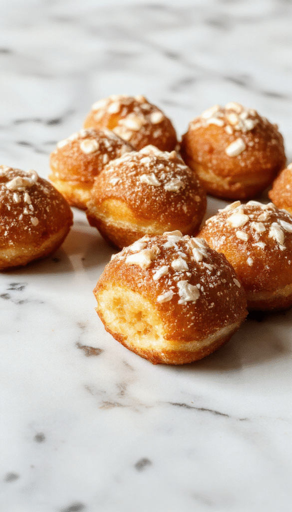 A close-up of golden-brown baked churro bites coated in cinnamon sugar, arranged on a white plate with a drizzle of chocolate sauce and a background of cinnamon sticks and sugar, styled with a rustic wooden surface and soft natural lighting.