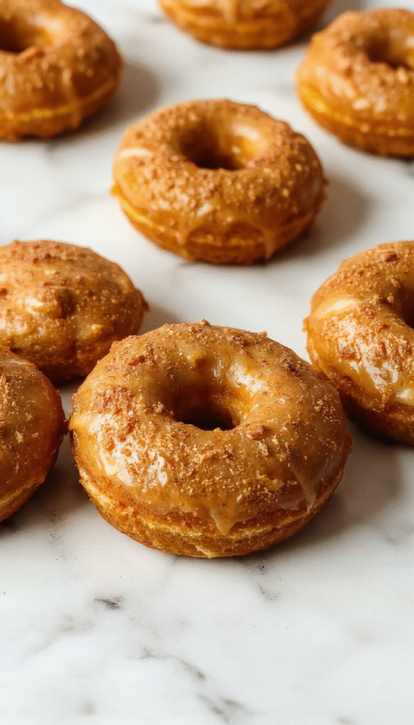 Colorful plate featuring golden-brown baked pumpkin donuts topped with a light glaze, surrounded by fall-themed decorations, showcasing soft textures and inviting presentation.
