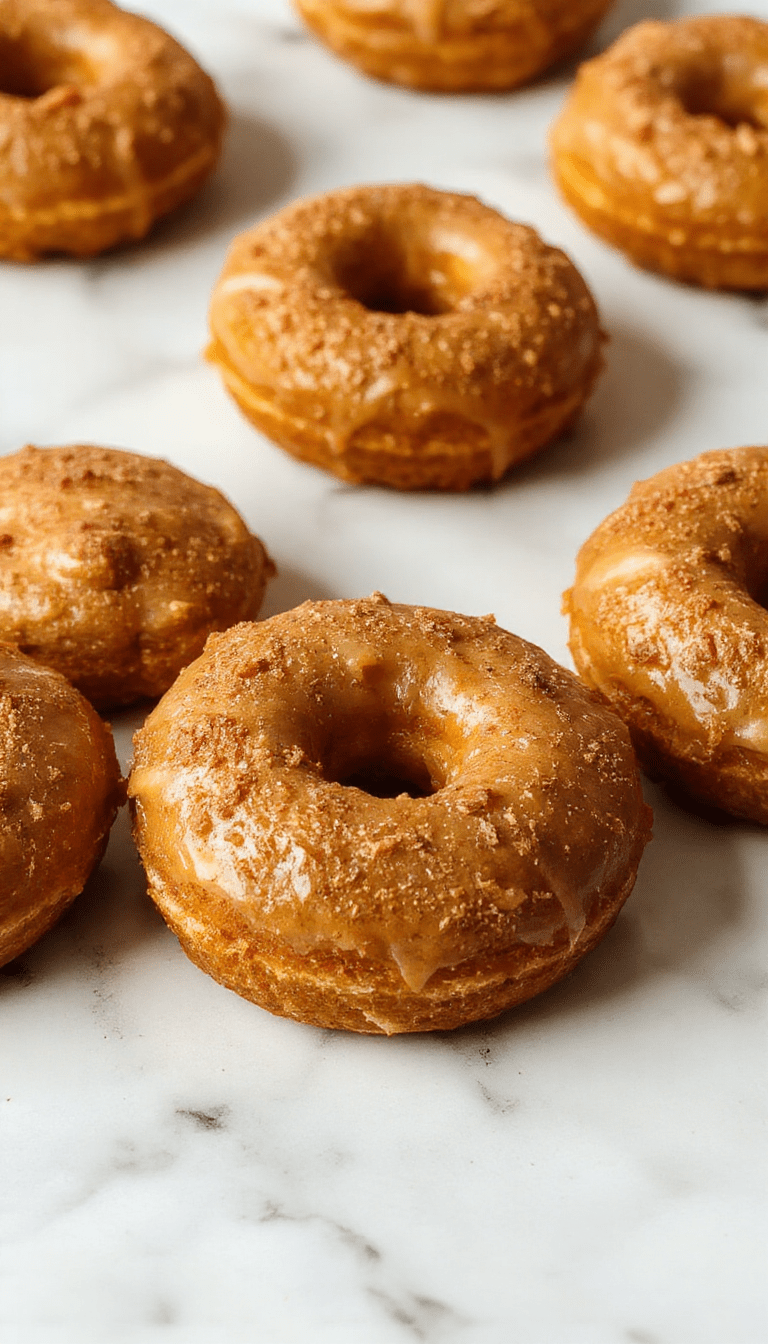 Colorful plate featuring golden-brown baked pumpkin donuts topped with a light glaze, surrounded by fall-themed decorations, showcasing soft textures and inviting presentation.