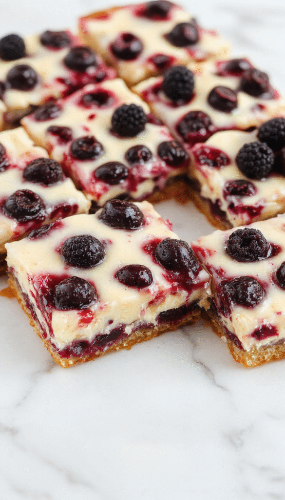 Colorful blueberry cream cheese bars arranged on a white plate, showcasing the golden crust, creamy cheese filling with vibrant blueberry swirls, topped with fresh blueberries and a dusting of powdered sugar, styled on a rustic wooden surface with a few blueberries scattered around.