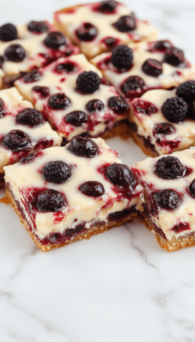 Colorful blueberry cream cheese bars arranged on a white plate, showcasing the golden crust, creamy cheese filling with vibrant blueberry swirls, topped with fresh blueberries and a dusting of powdered sugar, styled on a rustic wooden surface with a few blueberries scattered around.