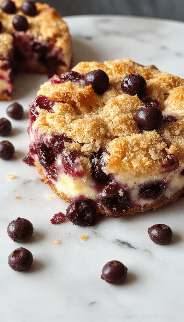 A close-up of a luscious blueberry crumble cheesecake on a white plate, topped with fresh blueberries and golden crumble, with a slice served revealing creamy cheesecake filling and a crunchy topping, set on a rustic wooden table with a soft blurred background.