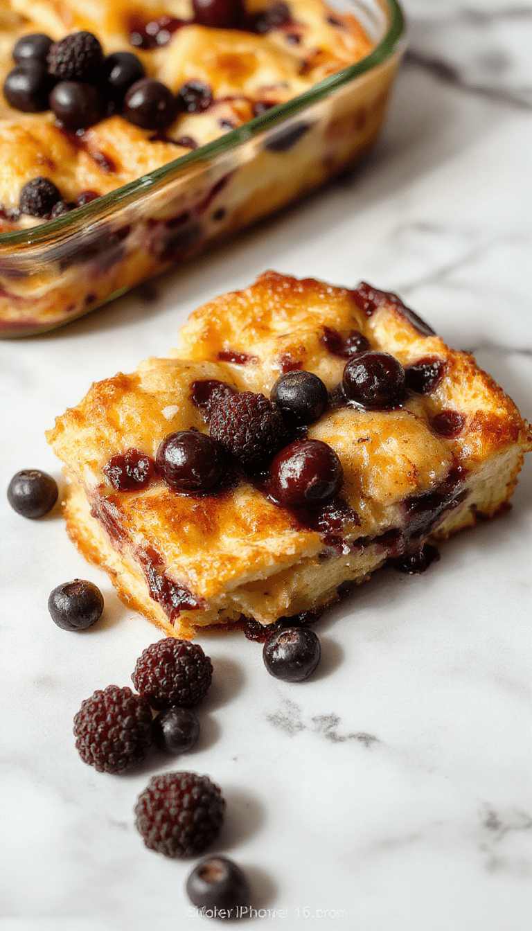 A vibrant scene featuring a golden-brown baked French toast casserole topped with fresh blueberries and powdered sugar, sliced and arranged on a white plate with syrup drizzled over, styled with a cinnamon stick and mint leaves in a cozy morning setting.