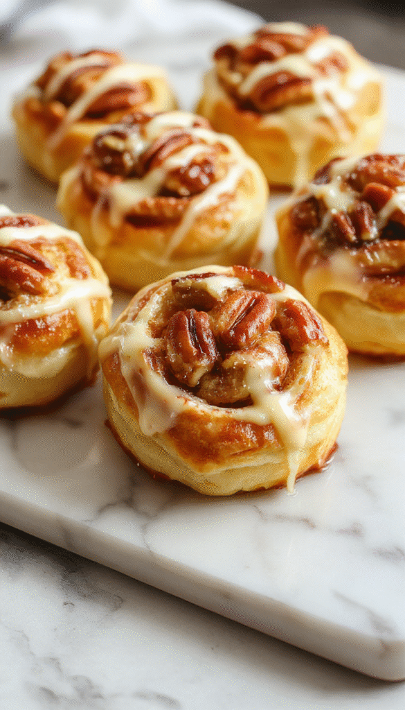 Golden-brown buttery crescent rolls arranged on a rustic wooden platter, filled with chopped pecans and drizzled with a light glaze. The rolls have a flaky, layered texture and are garnished with whole pecans and a sprinkle of powdered sugar, styled with a subtle background of a cozy kitchen setting.