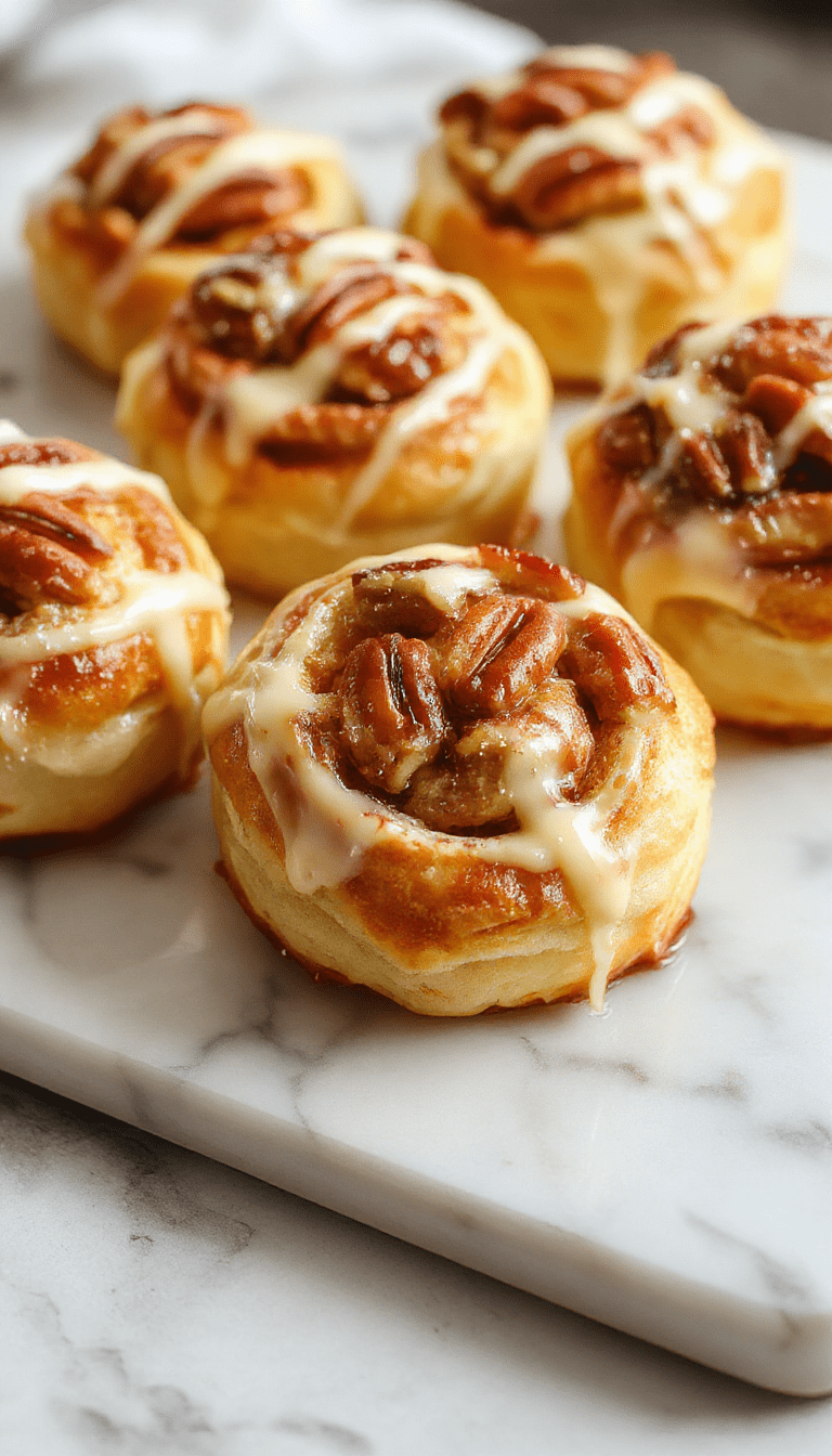Golden-brown buttery crescent rolls arranged on a rustic wooden platter, filled with chopped pecans and drizzled with a light glaze. The rolls have a flaky, layered texture and are garnished with whole pecans and a sprinkle of powdered sugar, styled with a subtle background of a cozy kitchen setting.