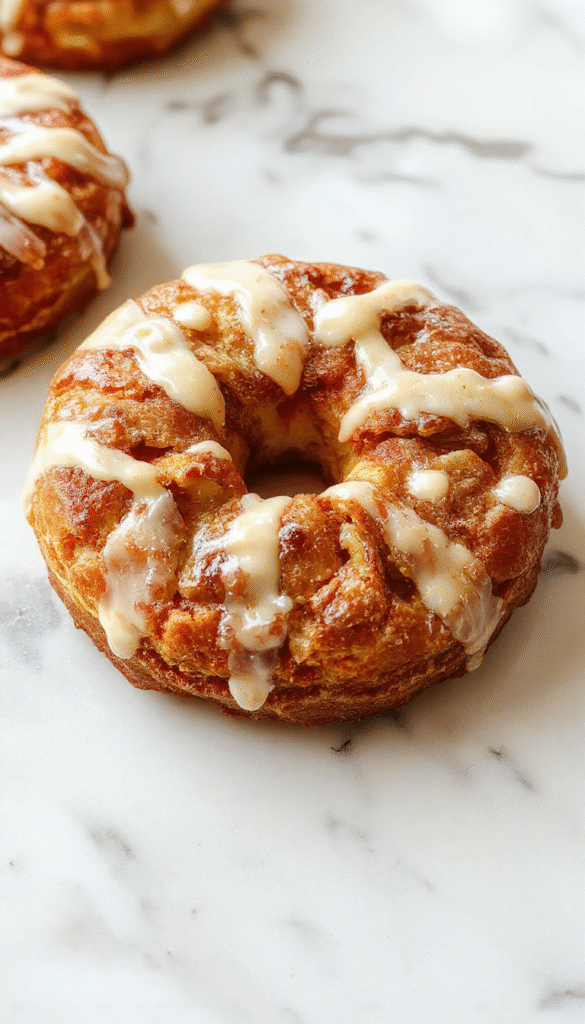 A beautifully plated apple kringle featuring golden-brown flaky pastry, filled with spiced apple slices, topped with a glossy vanilla glaze. The kringle is sliced to reveal a swirl of apple filling, garnished with a dusting of powdered sugar and a sprig of fresh mint on a rustic wooden table with soft natural lighting.
