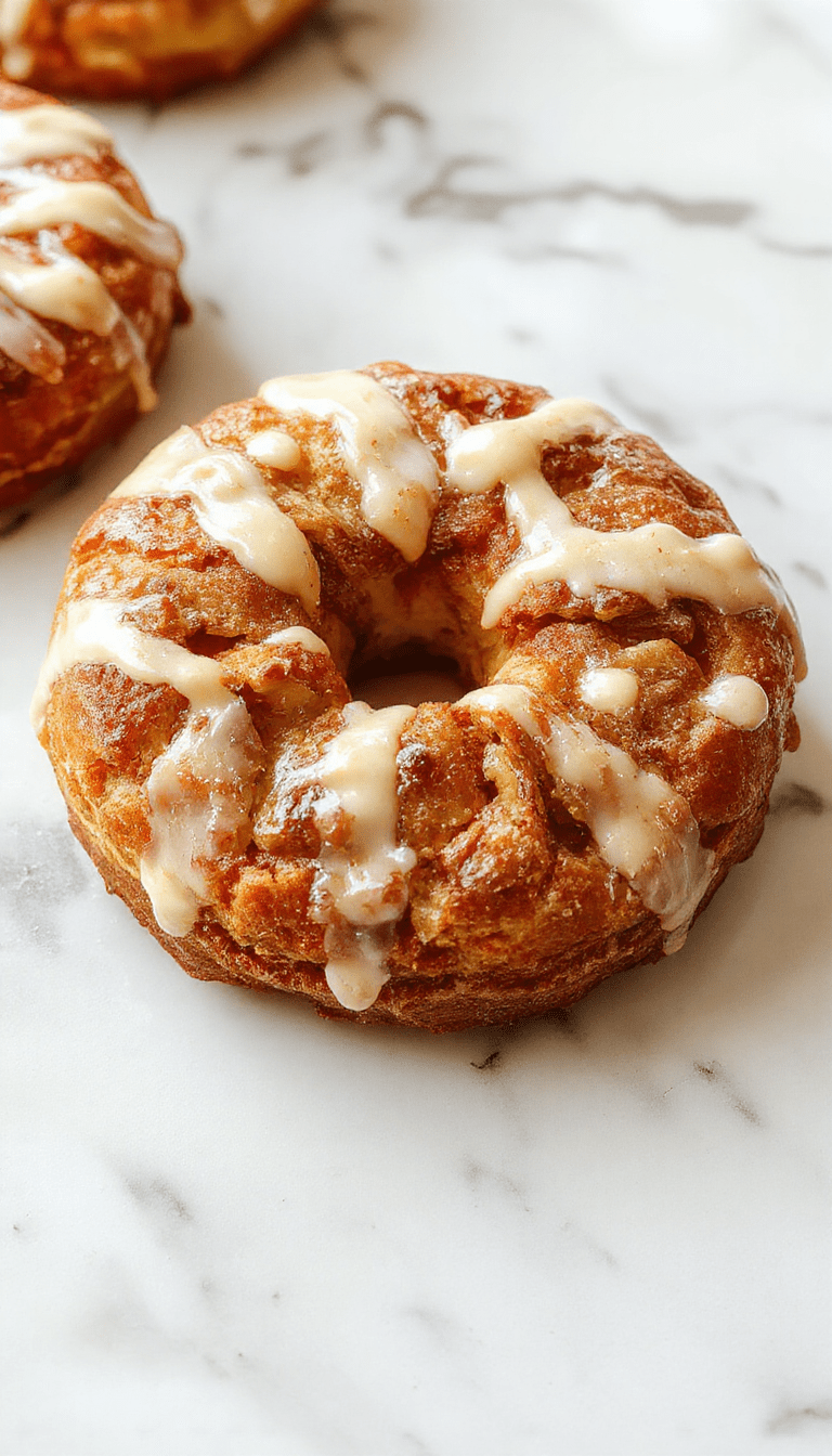 A beautifully plated apple kringle featuring golden-brown flaky pastry, filled with spiced apple slices, topped with a glossy vanilla glaze. The kringle is sliced to reveal a swirl of apple filling, garnished with a dusting of powdered sugar and a sprig of fresh mint on a rustic wooden table with soft natural lighting.