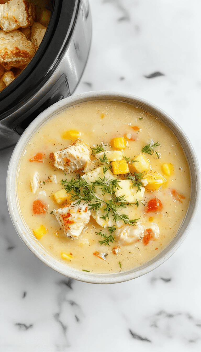A steaming bowl of creamy chicken corn chowder garnished with fresh herbs, surrounded by golden corn kernels, shredded chicken, and crispy bacon bits, served in a rustic white bowl on a wooden table, with a spoon and fresh bread in the background.