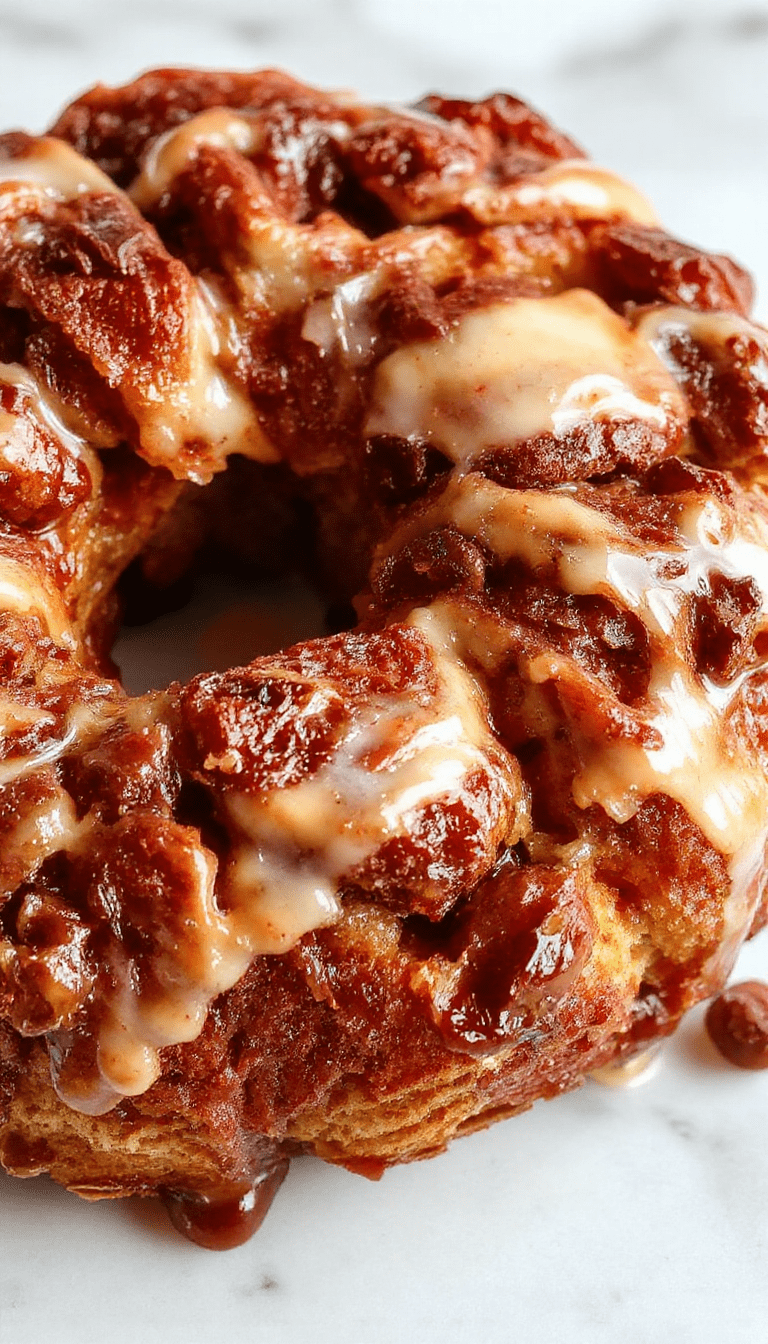 A golden-brown monkey bread pulled apart into fluffy, gooey layers, drizzled with caramel glaze, arranged on a rustic white platter with a fork nearby, showcasing its soft texture and caramel sheen.